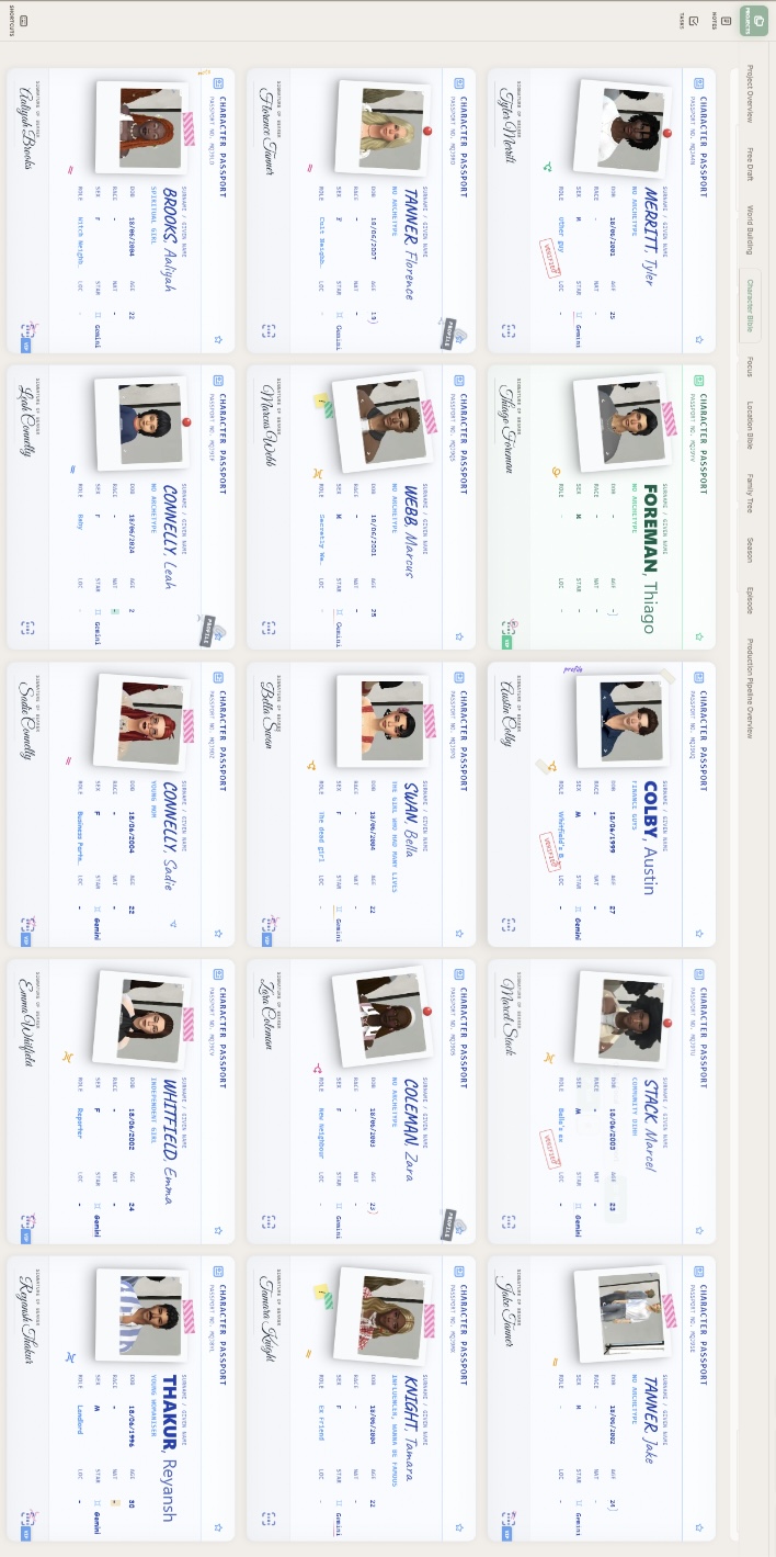 Character passport overview showing the cast of an original Sims machinima story